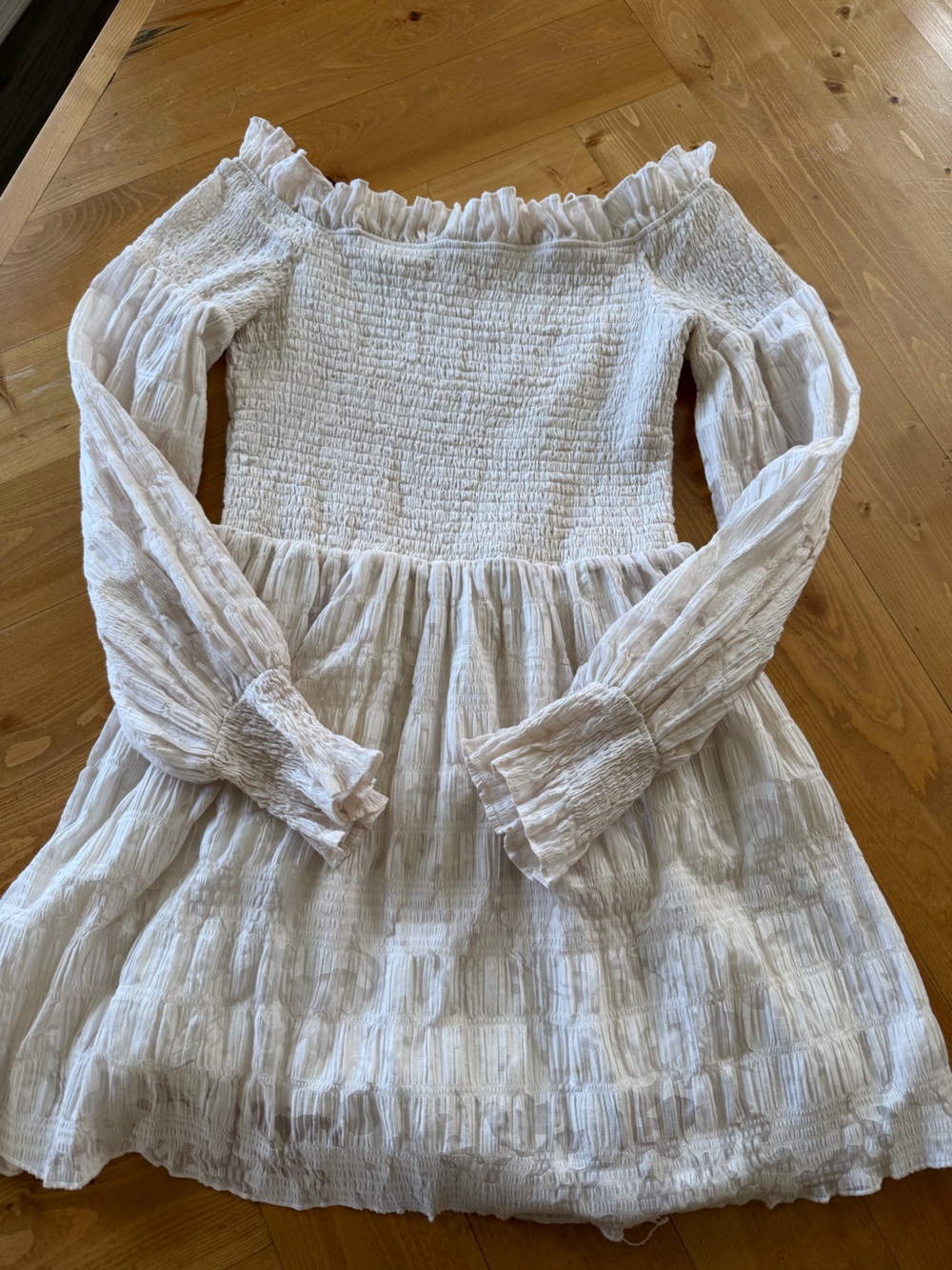 White Smocked Long-Sleeve Women's Dress